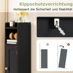 Schmaler Toilettenschrank mit Offenem Fach & 2 Verstellbare Ablagen Badschrank Schwarz