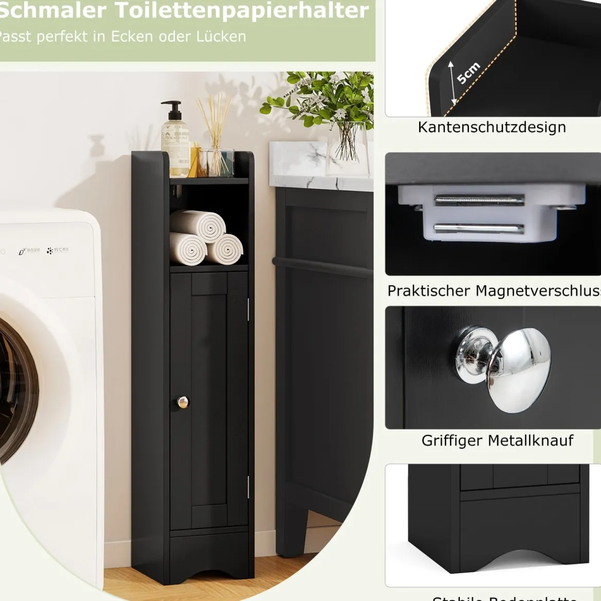 Schmaler Toilettenschrank mit Offenem Fach & 2 Verstellbare Ablagen Badschrank Schwarz