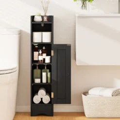 Schmaler Toilettenschrank mit Offenem Fach & 2 Verstellbare Ablagen Badschrank Schwarz