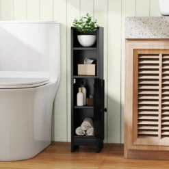 Schmaler Toilettenschrank mit 2 Offenen Fächern & 2 Abnehmbarer Ablage Badschrank Schwarz