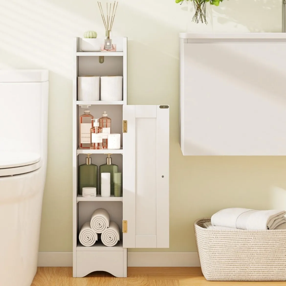 Schmaler Toilettenschrank mit Offenem Fach & 2 Verstellbare Ablagen Badschrank Weiß