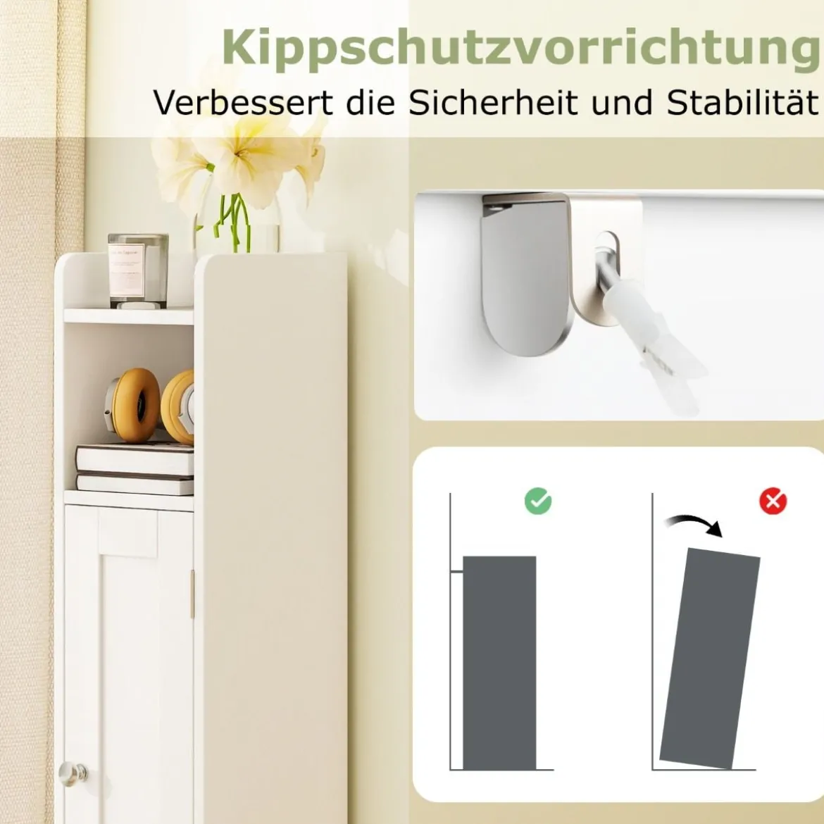 Schmaler Toilettenschrank mit Offenem Fach & 2 Verstellbare Ablagen Badschrank Weiß