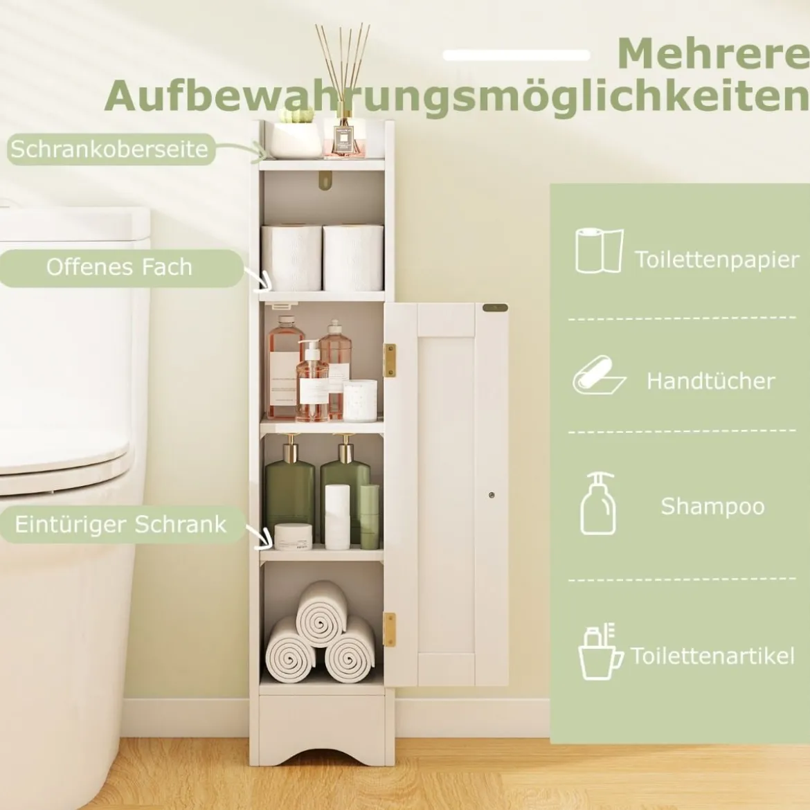 Schmaler Toilettenschrank mit Offenem Fach & 2 Verstellbare Ablagen Badschrank Weiß