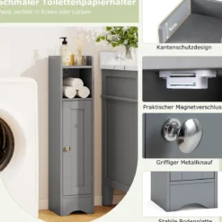 Schmaler Toilettenschrank mit Offenem Fach & 2 Verstellbare Ablagen Badschrank Grau