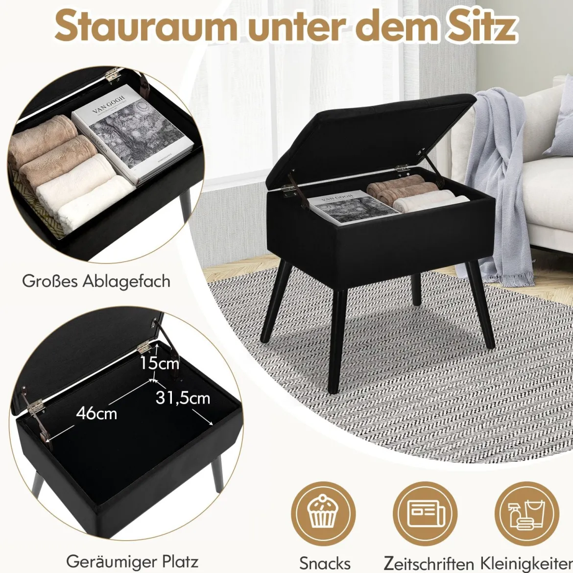 Schminkhocker mit Stauraum Polsterhocker mit Aufklappbarem Gepolstertem Sitz Schwarz
