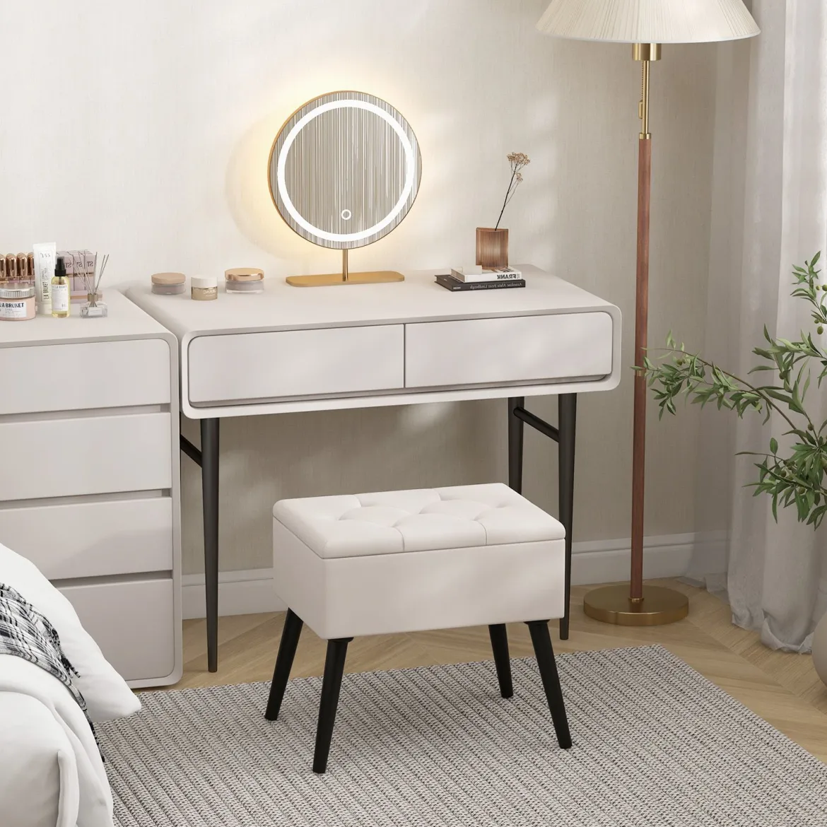 Schminkhocker mit Stauraum Polsterhocker mit Aufklappbarem Gepolstertem Sitz Beige