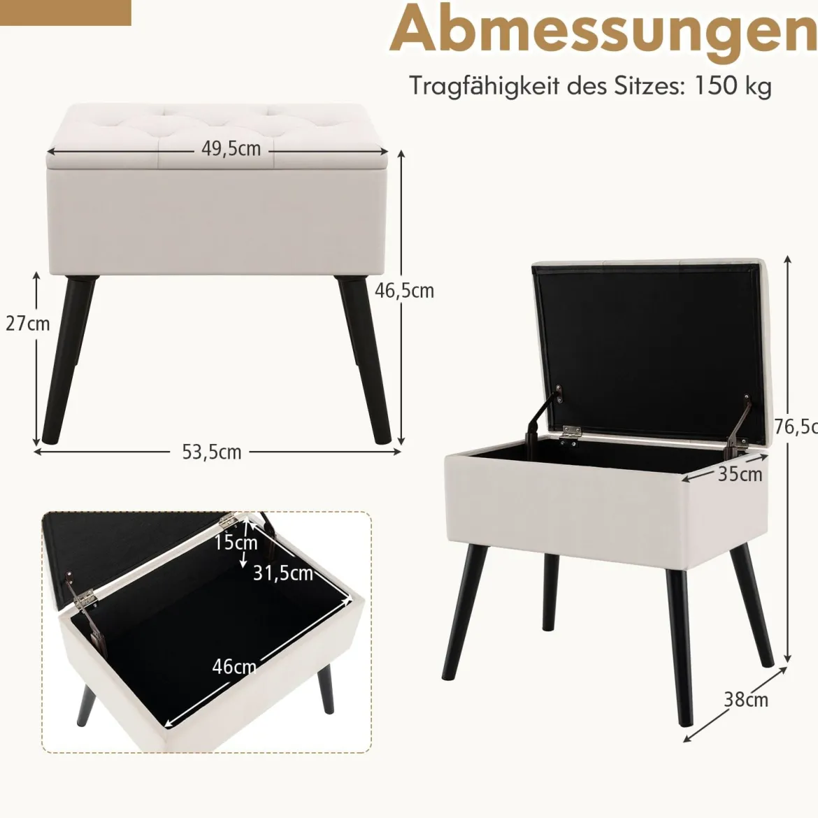 Schminkhocker mit Stauraum Polsterhocker mit Aufklappbarem Gepolstertem Sitz Beige