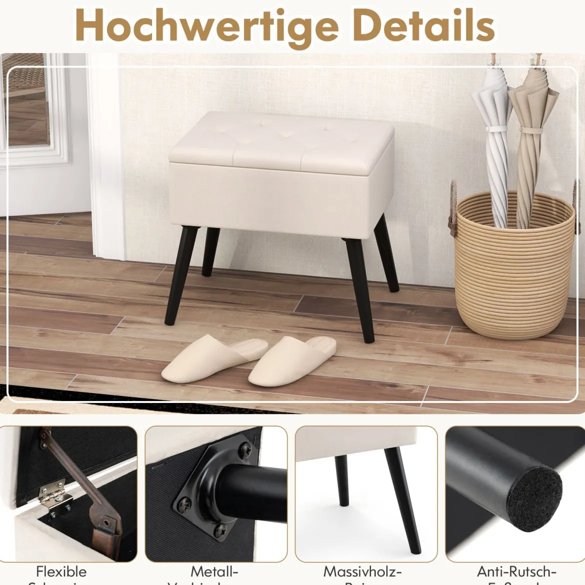 Schminkhocker mit Stauraum Polsterhocker mit Aufklappbarem Gepolstertem Sitz Beige