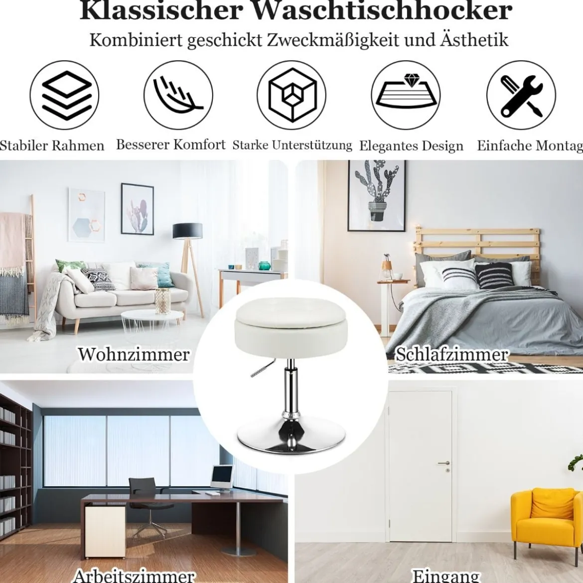 Schminkhocker mit Stauraum um 360° Drehbarer Hocker aus Kunstleder Sitzhöhe 51-66cm Schwarz/Weiß/Rosa