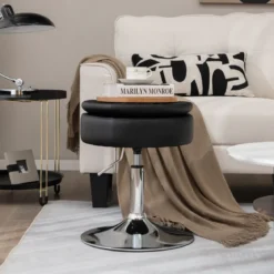 Schminkhocker mit Stauraum um 360° Drehbarer Hocker aus Kunstleder Sitzhöhe 51-66cm Schwarz/Weiß/Rosa