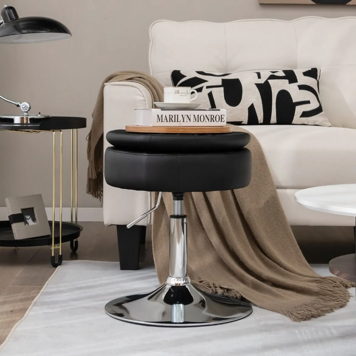 Schminkhocker mit Stauraum um 360° Drehbarer Hocker aus Kunstleder Sitzhöhe 51-66cm Schwarz/Weiß/Rosa