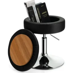 Schminkhocker mit Stauraum um 360° Drehbarer Hocker aus Kunstleder Sitzhöhe 51-66cm Schwarz/Weiß/Rosa