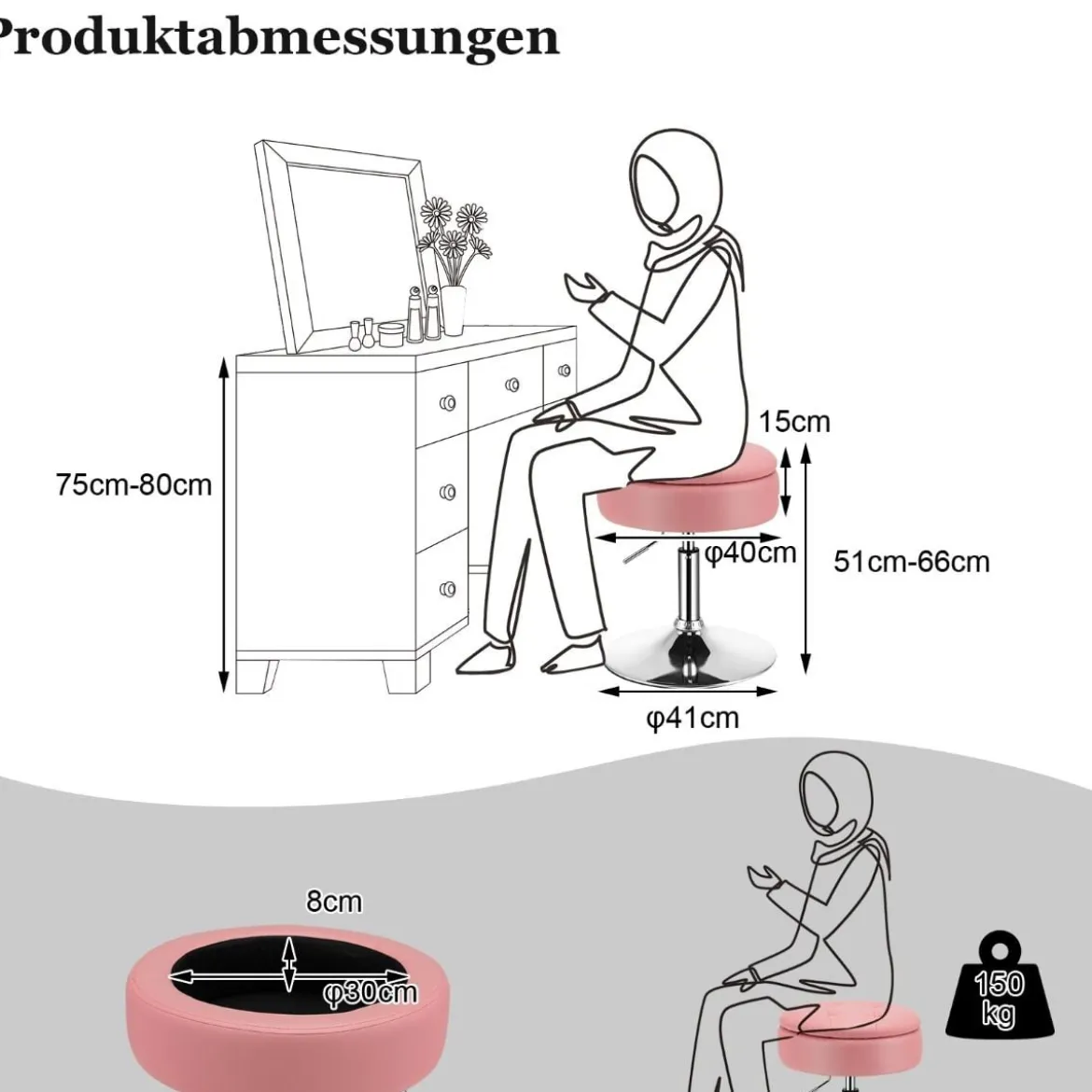 Schminkhocker mit Stauraum um 360° Drehbarer Hocker aus Kunstleder Sitzhöhe 51-66cm Schwarz/Weiß/Rosa