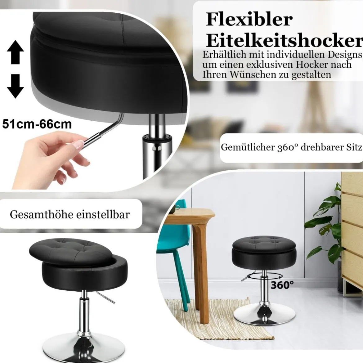 Schminkhocker mit Stauraum um 360° Drehbarer Hocker aus Kunstleder Sitzhöhe 51-66cm Schwarz/Weiß/Rosa