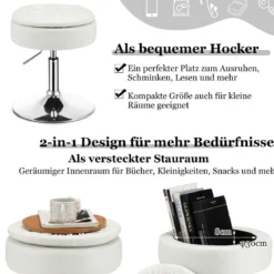 Schminkhocker mit Stauraum um 360° Drehbarer Hocker aus Kunstleder Sitzhöhe 51-66cm Schwarz/Weiß/Rosa