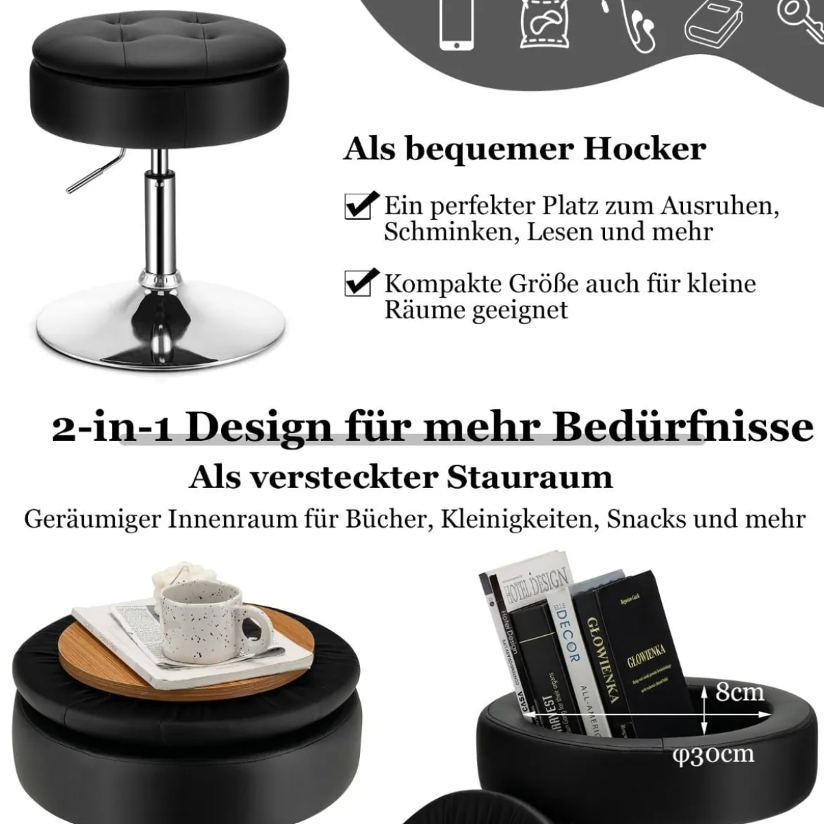 Schminkhocker mit Stauraum um 360° Drehbarer Hocker aus Kunstleder Sitzhöhe 51-66cm Schwarz/Weiß/Rosa