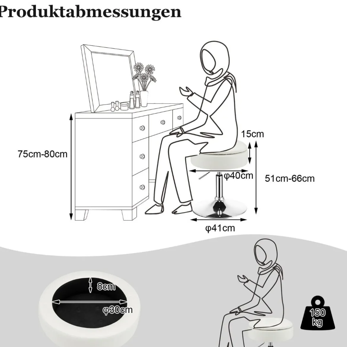 Schminkhocker mit Stauraum um 360° Drehbarer Hocker aus Kunstleder Sitzhöhe 51-66cm Schwarz/Weiß/Rosa