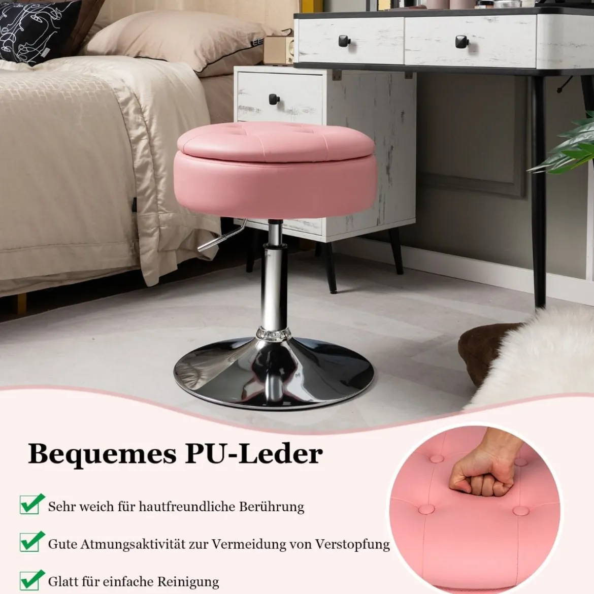 Schminkhocker mit Stauraum um 360° Drehbarer Hocker aus Kunstleder Sitzhöhe 51-66cm Schwarz/Weiß/Rosa