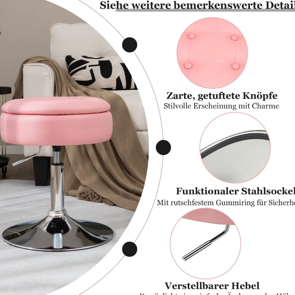 Schminkhocker mit Stauraum um 360° Drehbarer Hocker aus Kunstleder Sitzhöhe 51-66cm Schwarz/Weiß/Rosa