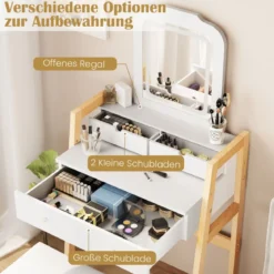 Schminktisch aus Holz mit Hocker & Spiegel & 3 Schubladen Frisiertisch 64 x 41 x 137 cm Weiß