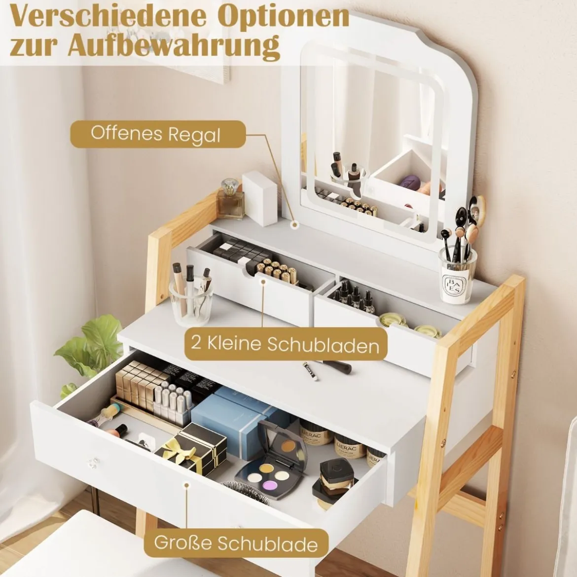 Schminktisch aus Holz mit Hocker & Spiegel & 3 Schubladen Frisiertisch 64 x 41 x 137 cm Weiß