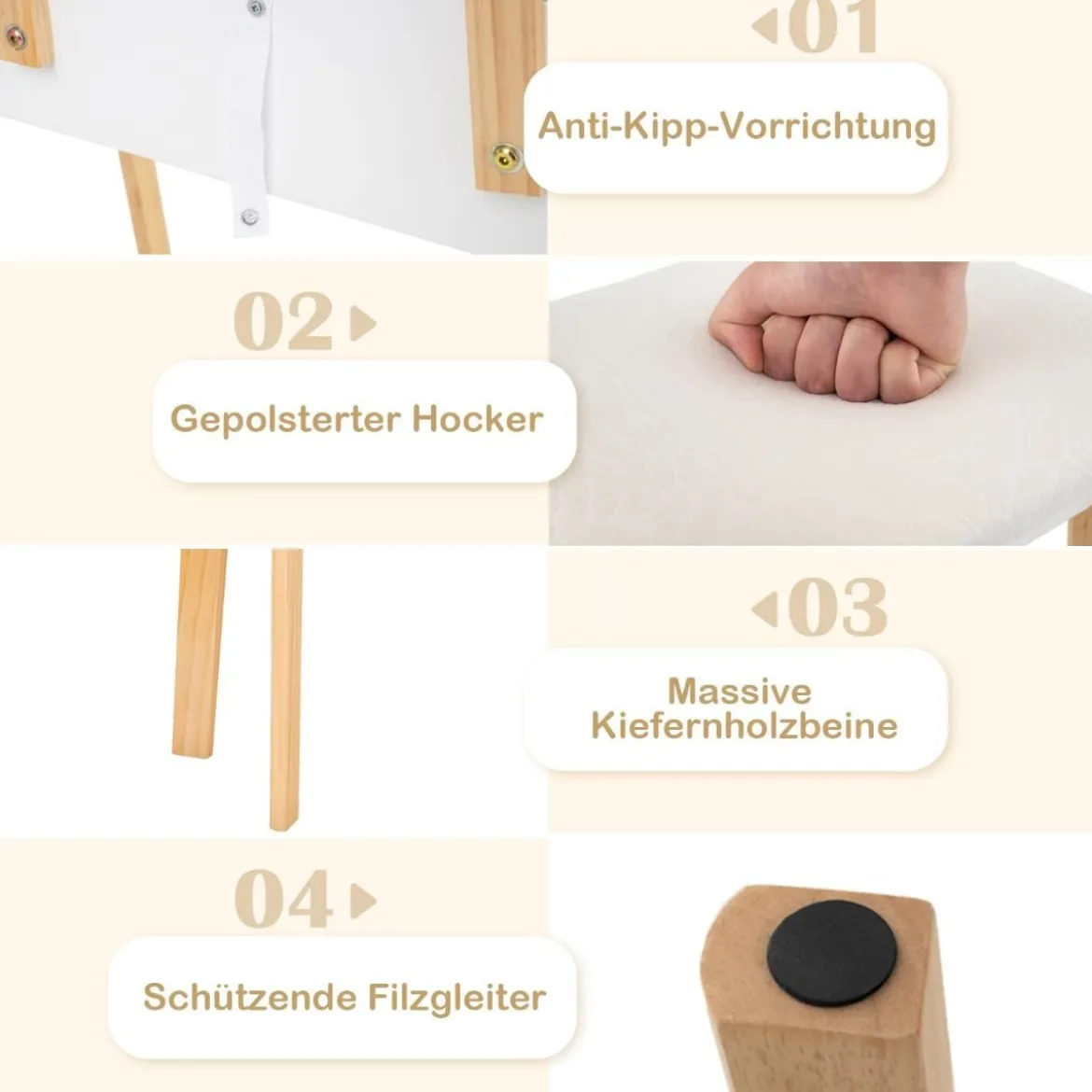 Schminktisch aus Holz mit Hocker & Spiegel & 3 Schubladen Frisiertisch 64 x 41 x 137 cm Weiß