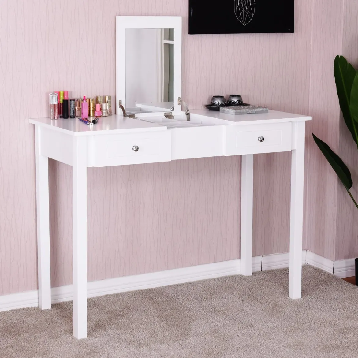 Schminktisch Frisiertisch Frisierkommode Kosmetiktisch mit Klappspiegel und Schubladen 112 x 48 x 82 cm