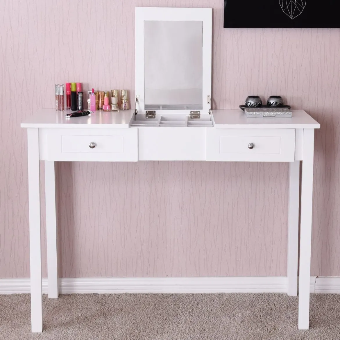 Schminktisch Frisiertisch Frisierkommode Kosmetiktisch mit Klappspiegel und Schubladen 112 x 48 x 82 cm
