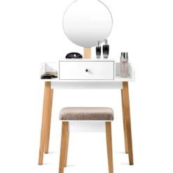 Schminktisch Frisiertisch Schminkkommode mit Spiegel und Hocker Weiß Holz 69 x 43 x 125,5 cm