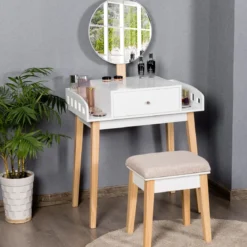 Schminktisch Frisiertisch Schminkkommode mit Spiegel und Hocker Weiß Holz 69 x 43 x 125,5 cm