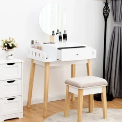 Schminktisch Frisiertisch Schminkkommode mit Spiegel und Hocker Weiß Holz 69 x 43 x 125,5 cm