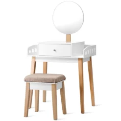 Schminktisch Frisiertisch Schminkkommode mit Spiegel und Hocker Weiß Holz 69 x 43 x 125,5 cm