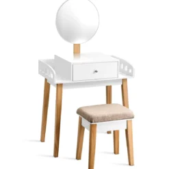 Schminktisch Frisiertisch Schminkkommode mit Spiegel und Hocker Weiß Holz 69 x 43 x 125,5 cm