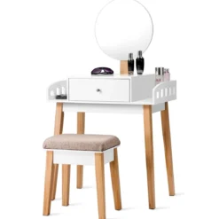 Schminktisch Frisiertisch Schminkkommode mit Spiegel und Hocker Weiß Holz 69 x 43 x 125,5 cm