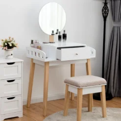 Schminktisch Frisiertisch Schminkkommode mit Spiegel und Hocker Weiß Holz 69 x 43 x 125,5 cm