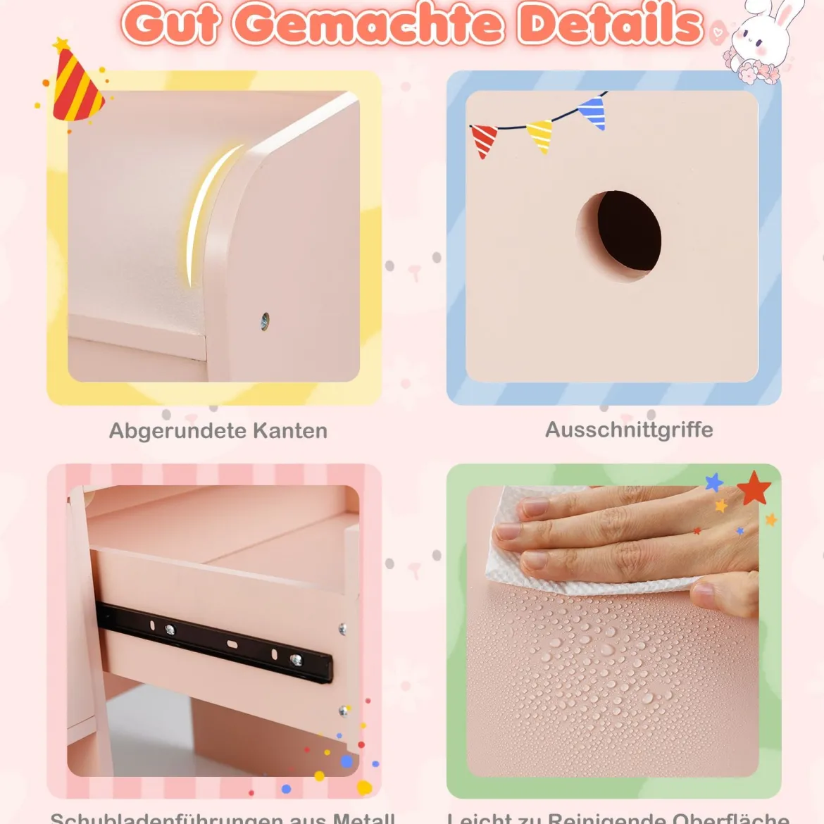 Schminktisch für Kinder mit Beleuchtung Kosmetiktisch mit beleuchtetem Spiegel Frisierkommode mit offenen Regalen Rosa