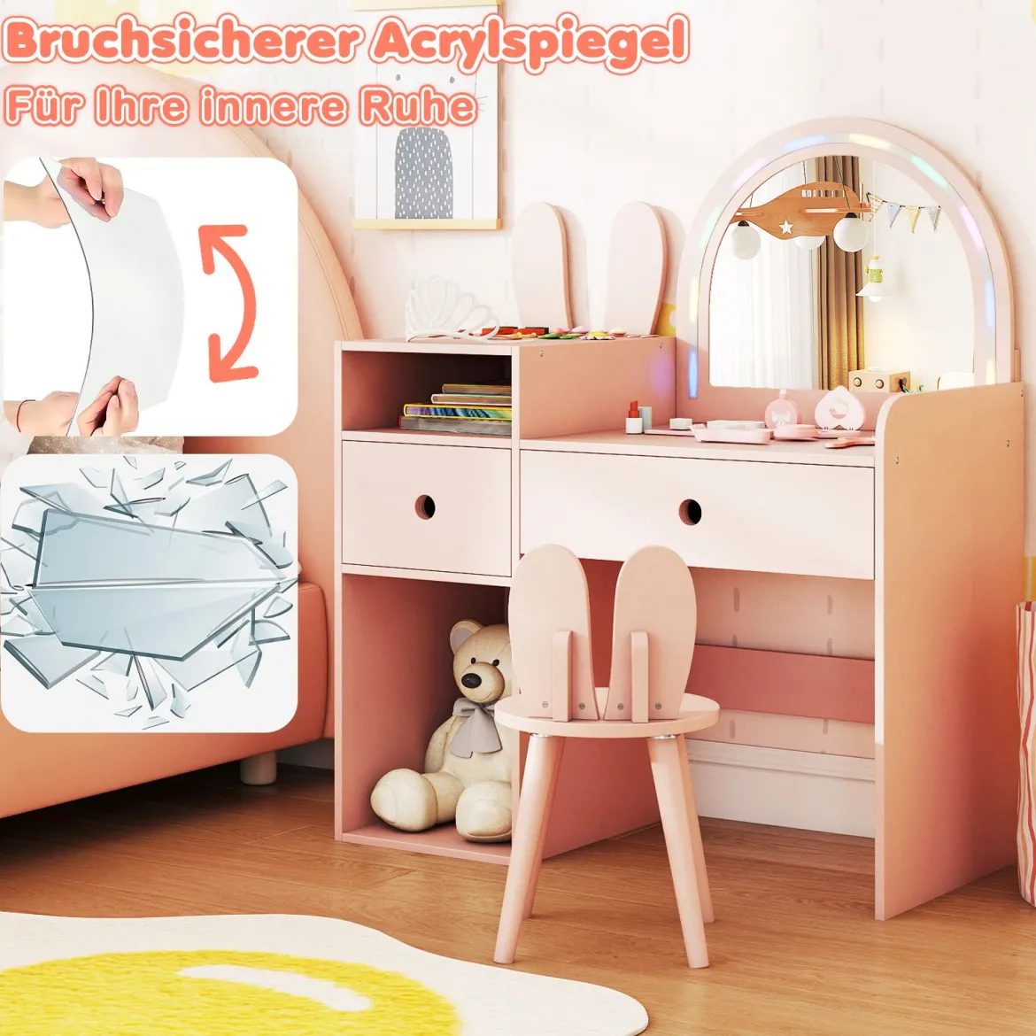 Schminktisch für Kinder mit Beleuchtung Kosmetiktisch mit beleuchtetem Spiegel Frisierkommode mit offenen Regalen Rosa