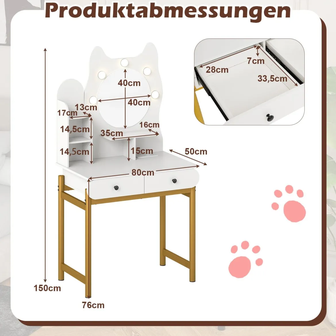 Schminktisch in Katzenform mit Spiegel & Beleuchtung & Schubladen Frisiertisch Weiß