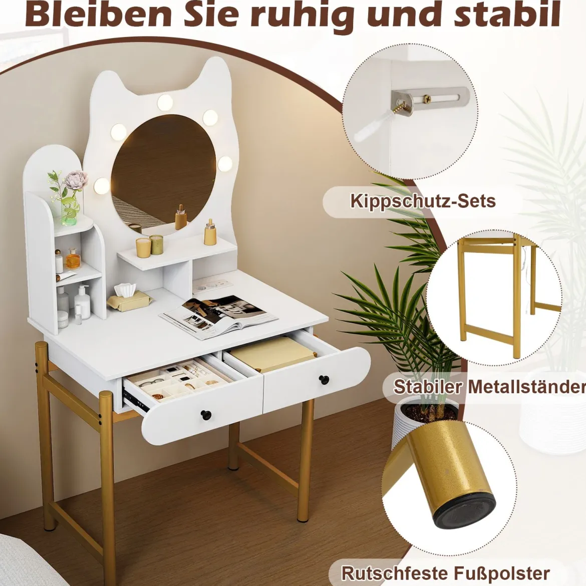 Schminktisch in Katzenform mit Spiegel & Beleuchtung & Schubladen Frisiertisch Weiß