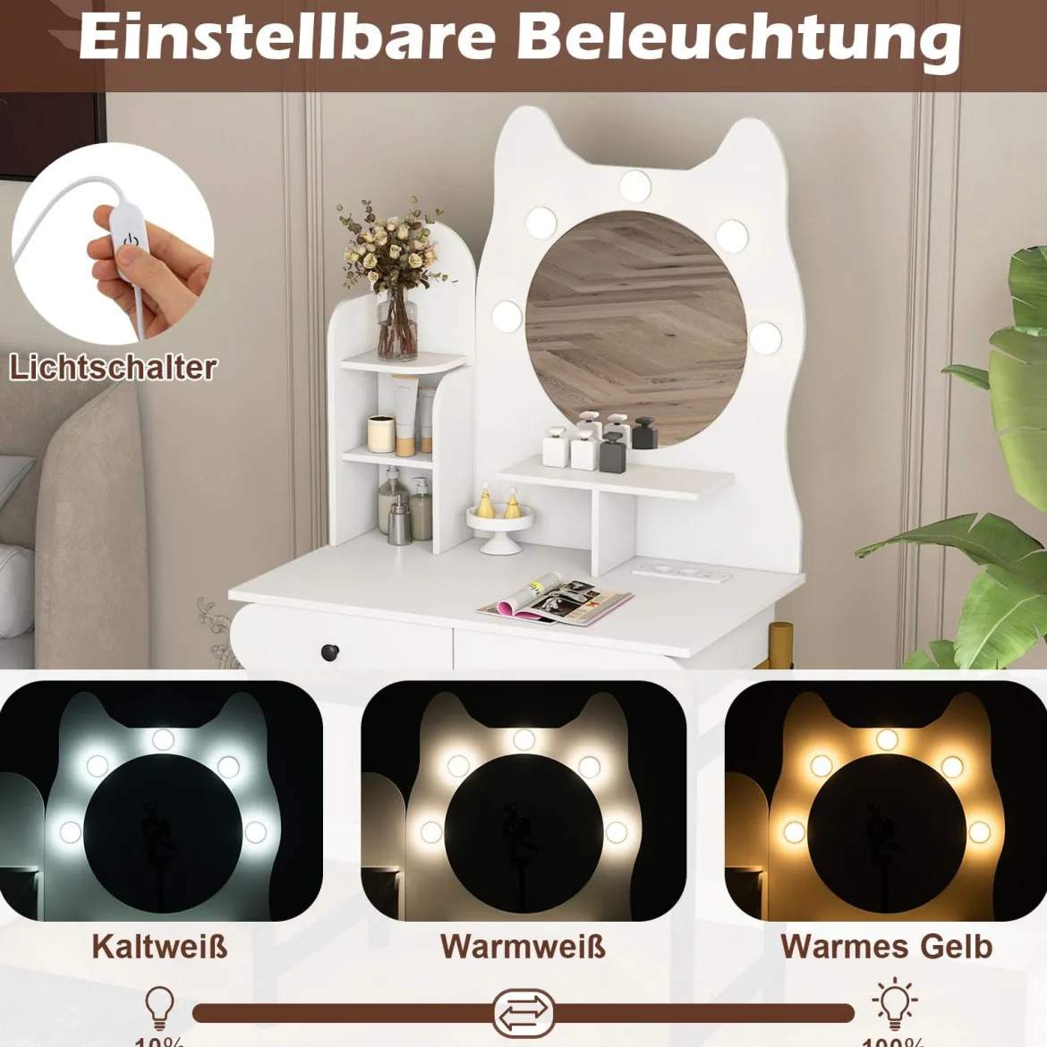 Schminktisch in Katzenform mit Spiegel & Beleuchtung & Schubladen Frisiertisch Weiß