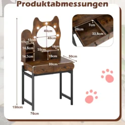 Schminktisch in Katzenform mit Spiegel & Beleuchtung & Schubladen Frisiertisch Braun