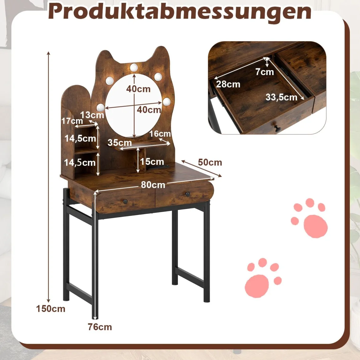 Schminktisch in Katzenform mit Spiegel & Beleuchtung & Schubladen Frisiertisch Braun