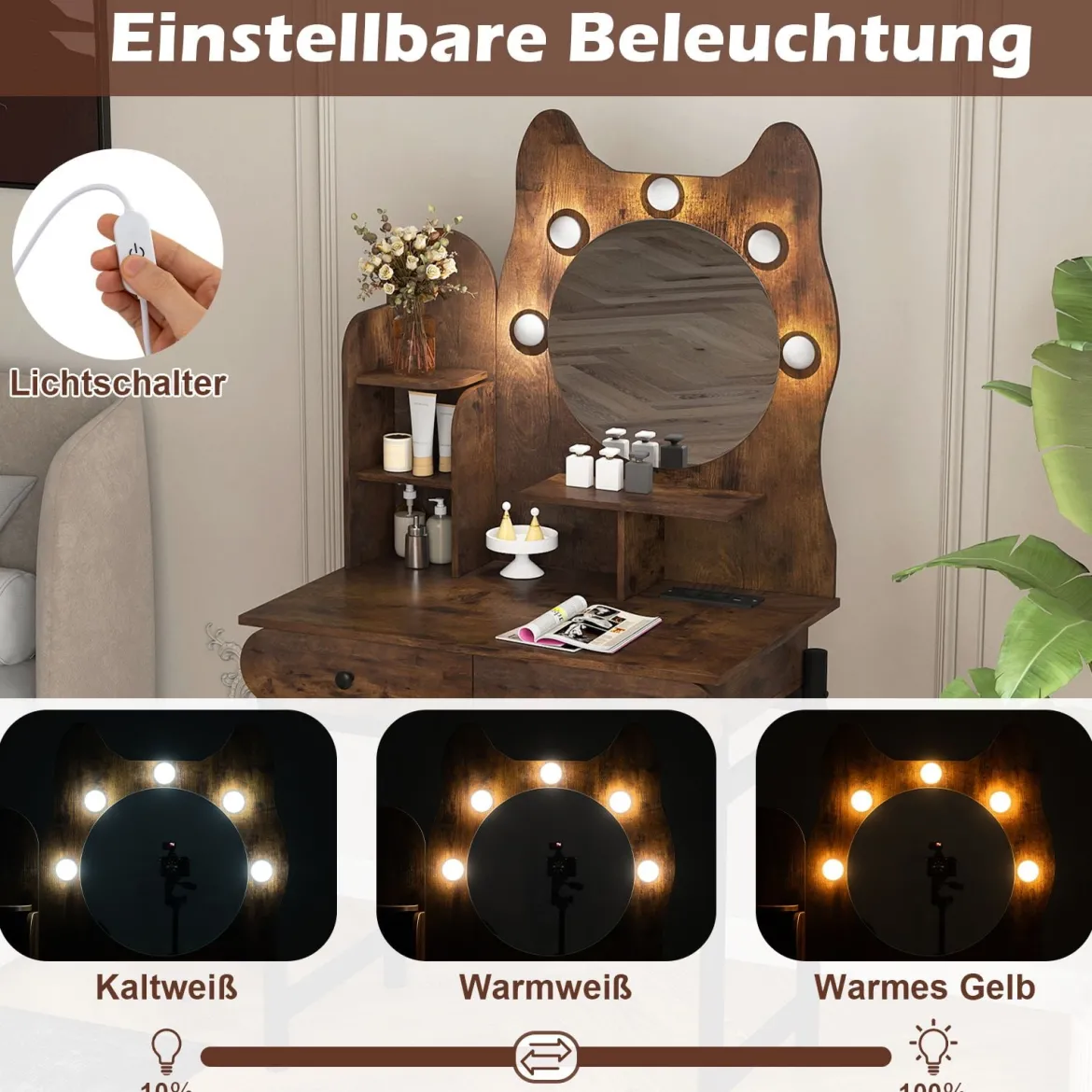Schminktisch in Katzenform mit Spiegel & Beleuchtung & Schubladen Frisiertisch Braun