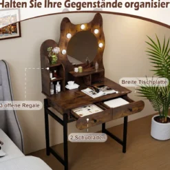 Schminktisch in Katzenform mit Spiegel & Beleuchtung & Schubladen Frisiertisch Braun