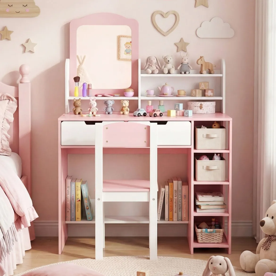 Schminktisch Kinder Frisiertisch mit Spiegel & Hocker Kosmetiktisch mit Regalen & 2 Schubladen Weiß