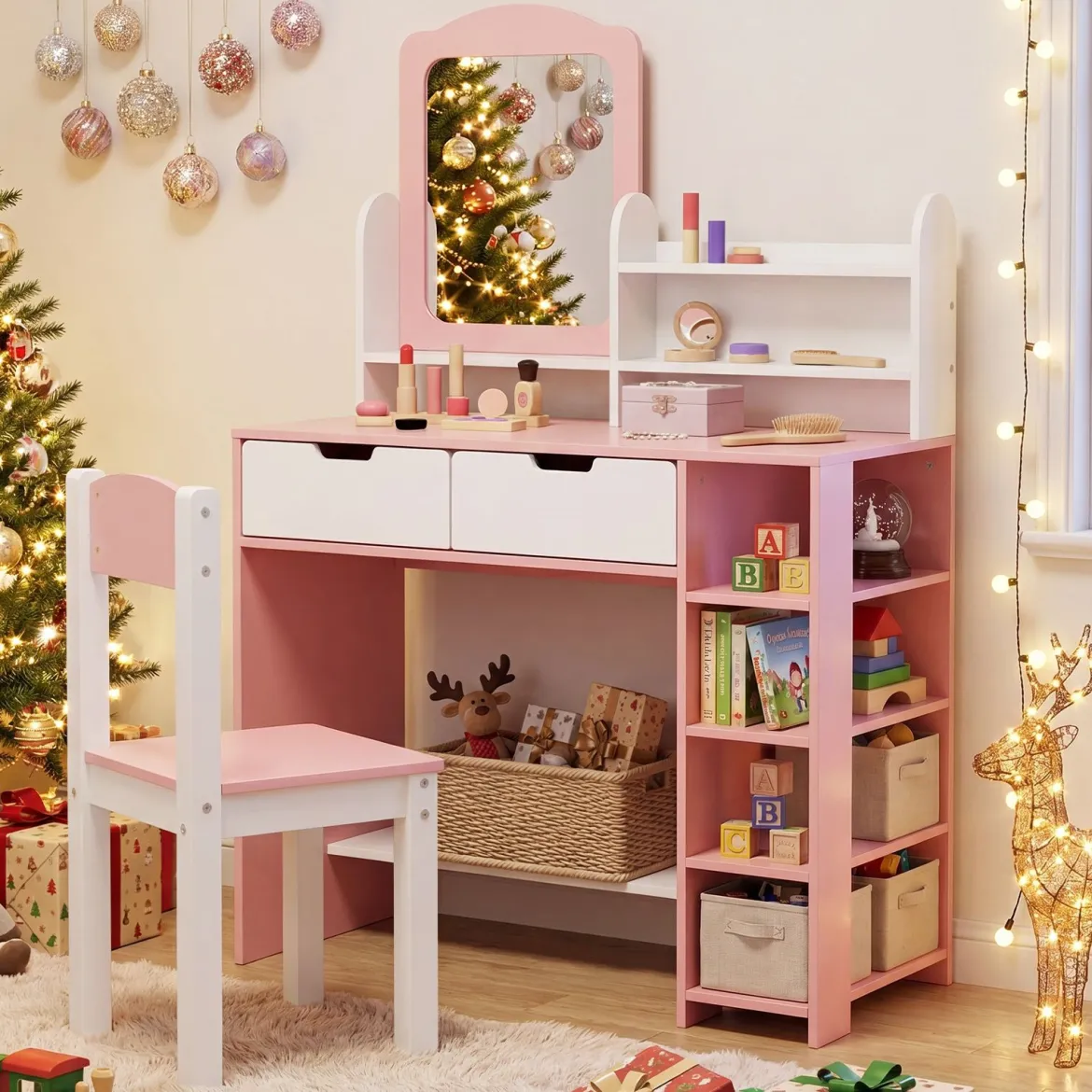 Schminktisch Kinder Frisiertisch mit Spiegel & Hocker Kosmetiktisch mit Regalen & 2 Schubladen Weiß