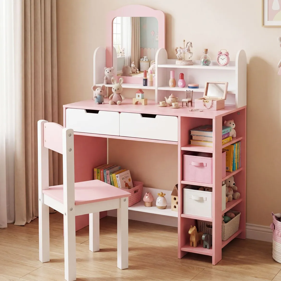Schminktisch Kinder Frisiertisch mit Spiegel & Hocker Kosmetiktisch mit Regalen & 2 Schubladen Weiß