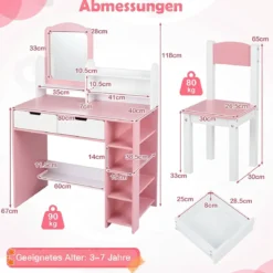 Schminktisch Kinder Frisiertisch mit Spiegel & Hocker Kosmetiktisch mit Regalen & 2 Schubladen Weiß