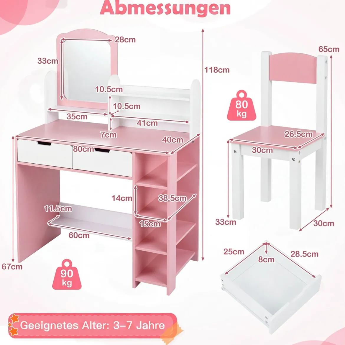 Schminktisch Kinder Frisiertisch mit Spiegel & Hocker Kosmetiktisch mit Regalen & 2 Schubladen Weiß