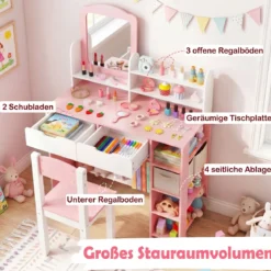 Schminktisch Kinder Frisiertisch mit Spiegel & Hocker Kosmetiktisch mit Regalen & 2 Schubladen Weiß